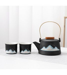Chinese rough pottery castle peak bird tea set